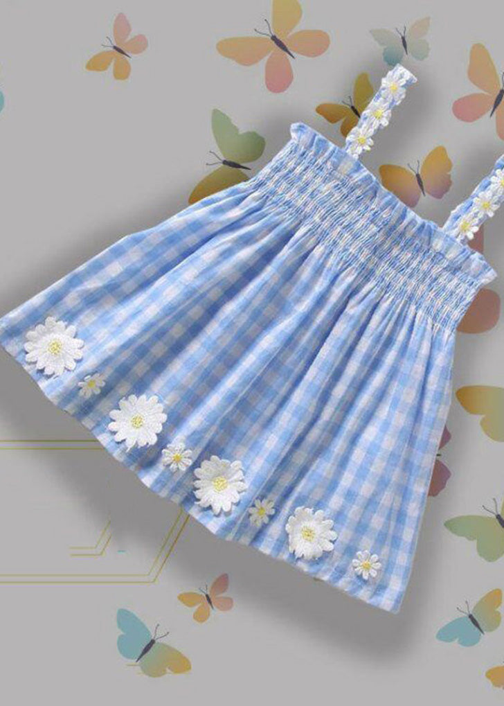 Schönes blau kariertes, faltiges, florales Baumwoll-Mittelkleid für Kinder, ärmellos, GF001