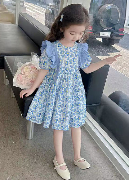 Jolie robe longue d'été en coton imprimé à volants bleu pour fille TT015