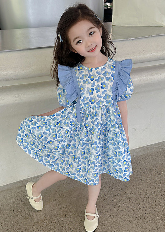 Lovely Blue Ruffled Print Cotton Girls Long Dress Summer TT015