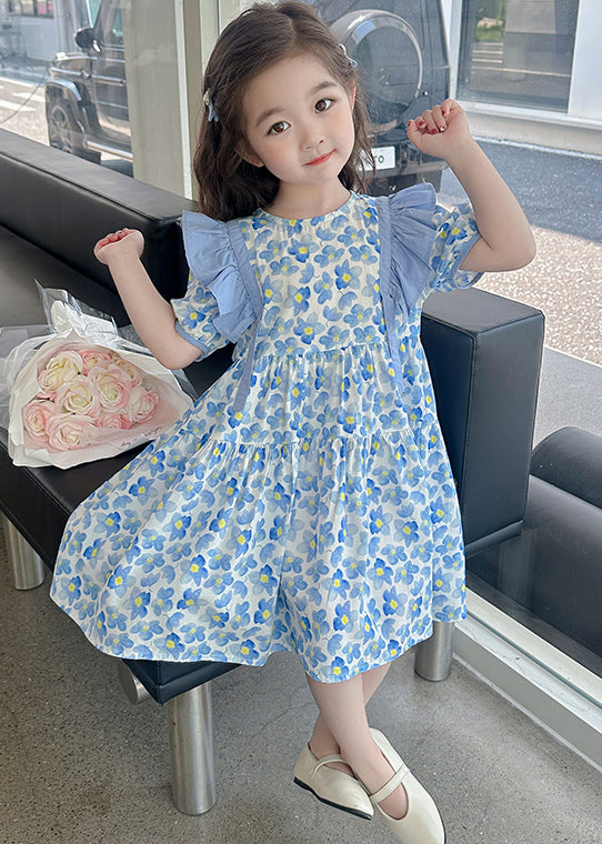 Lovely Blue Ruffled Print Cotton Girls Long Dress Summer TT015