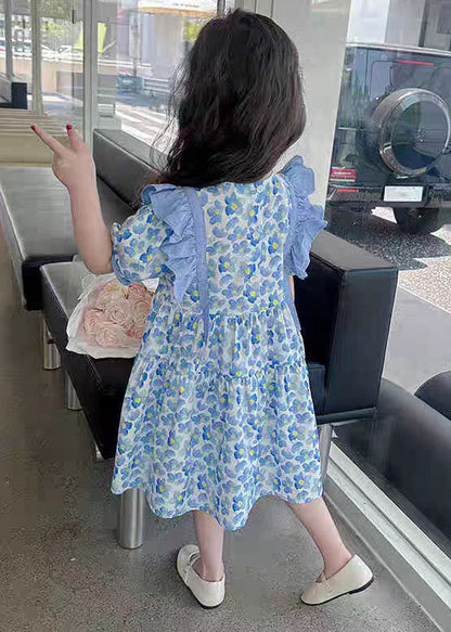 Jolie robe longue d'été en coton imprimé à volants bleu pour fille TT015