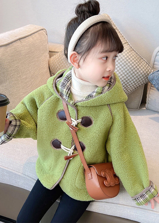 Manteau d'hiver à capuche pour enfants avec joli bouton patchwork vert WL027