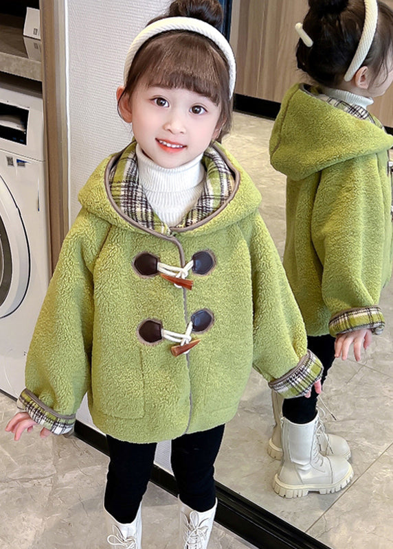 Manteau d'hiver à capuche pour enfants avec joli bouton patchwork vert WL027