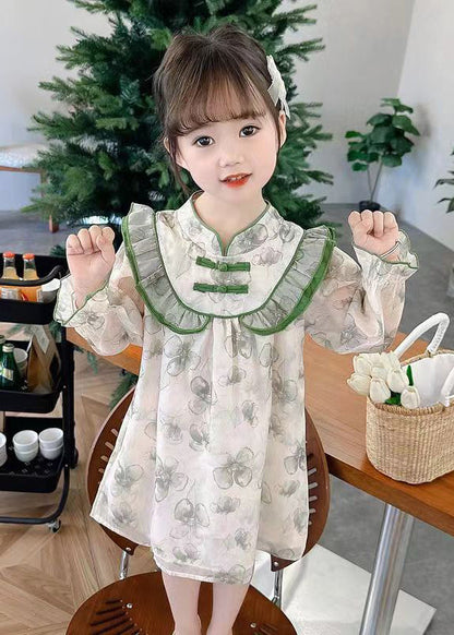 Jolie robe à volants verte en coton imprimé à manches longues pour fille XZ087