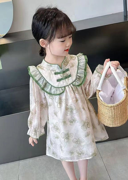 Jolie robe à volants verte en coton imprimé à manches longues pour fille XZ087