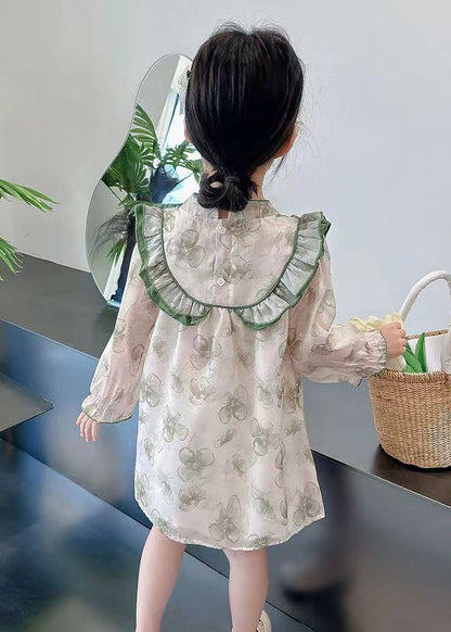 Jolie robe à volants verte en coton imprimé à manches longues pour fille XZ087