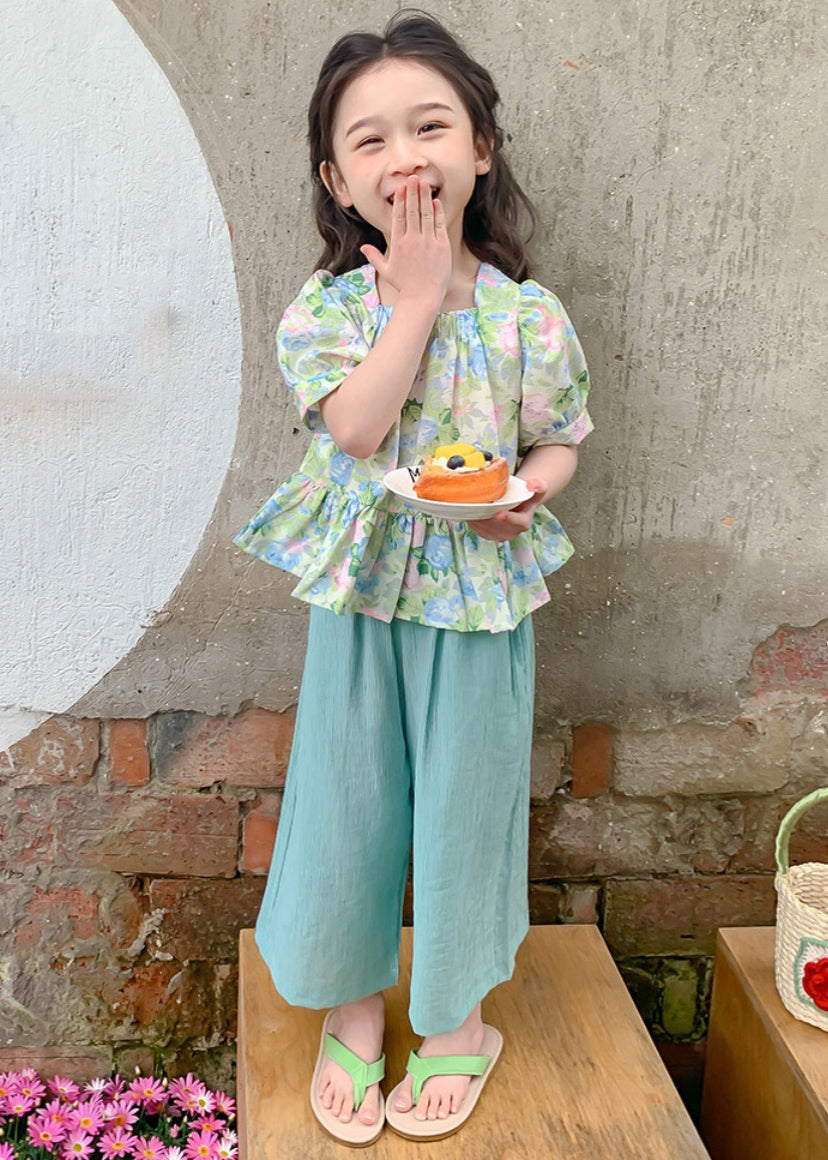 Schönes grünes Patchwork-Top und kurze Hose mit quadratischem Kragendruck für Kinder, zweiteiliges Set für den Sommer SS1022