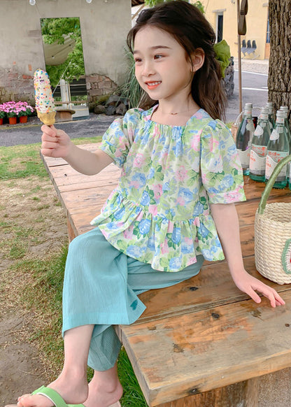 Ensemble deux pièces haut et pantalon court pour enfants avec imprimé patchwork vert à col carré et joli été SS1022