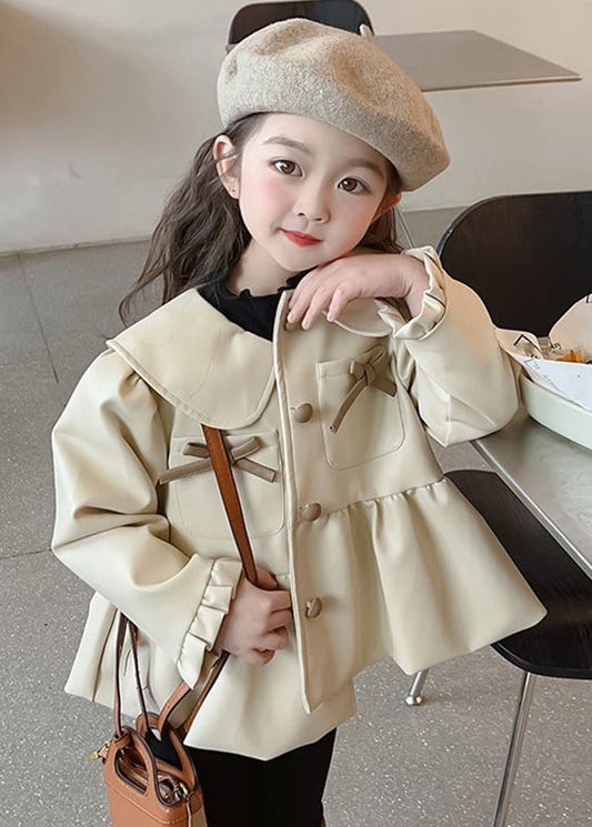 Lovely Khaki Peter Pan Collar Wrinkled Button Kids Trench Coats Fall QV030