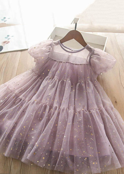 Jolie robe longue en tulle vert clair à col rond et paillettes pour enfants, manches courtes, EW010