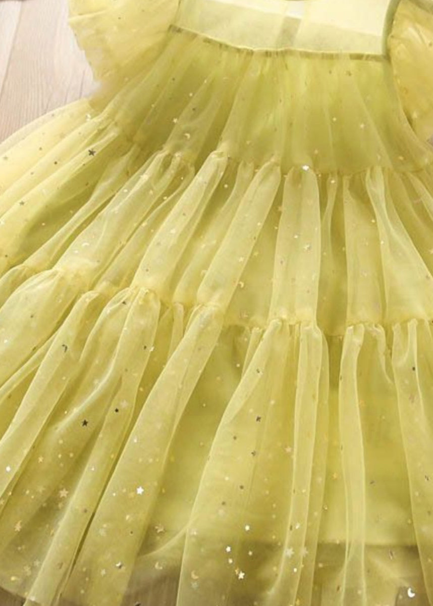 Jolie robe longue en tulle vert clair à col rond et paillettes pour enfants, manches courtes, EW010