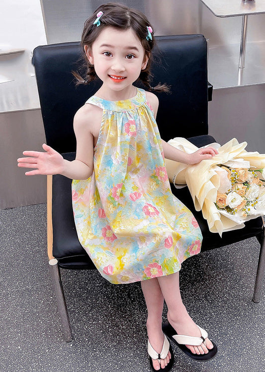 Lovely O-Neck Print Cotton Girls Slip Mid Dress Sleeveless GF024