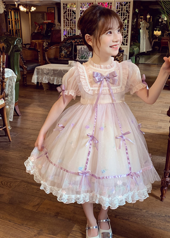 Schönes rosa Patchwork-Tüllkleid mit Schleife und kurzen Ärmeln für Kinder XZ001