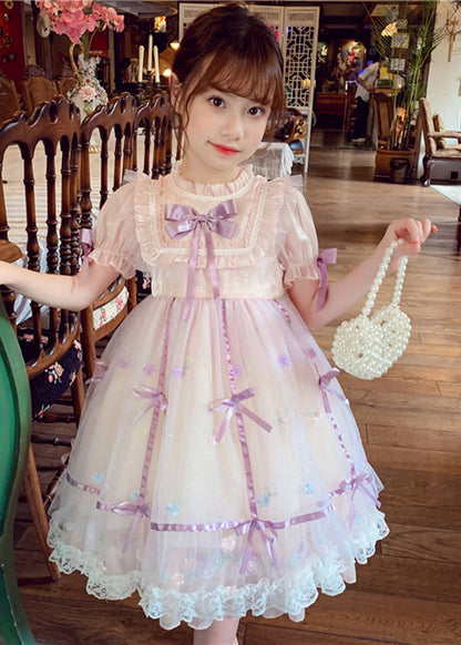 Jolie robe mi-longue en tulle à nœud froissé en patchwork rose pour enfants à manches courtes XZ001