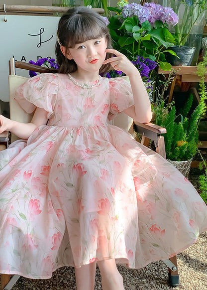 Robe longue en mousseline de soie froissée à imprimé rose pour fille, manches courtes, XZ028