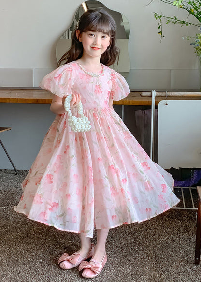 Robe longue en mousseline de soie froissée à imprimé rose pour fille, manches courtes, XZ028