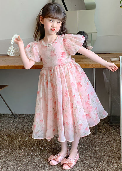 Robe longue en mousseline de soie froissée à imprimé rose pour fille, manches courtes, XZ028