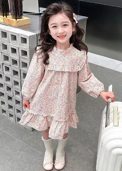 Jolie robe longue rose à volants en coton imprimé pour fille Automne XZ085