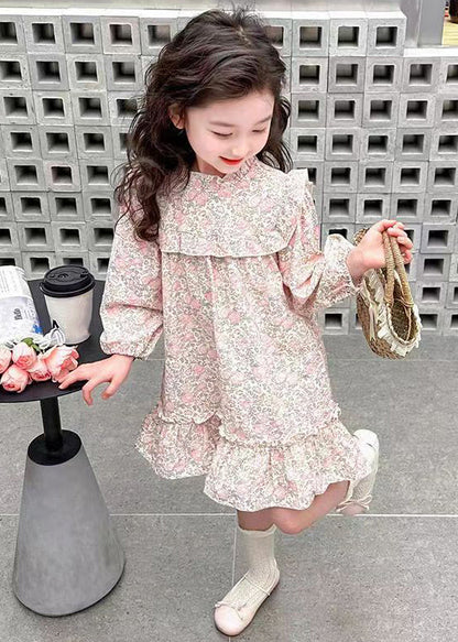 Jolie robe longue rose à volants en coton imprimé pour fille Automne XZ085