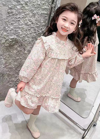 Jolie robe longue rose à volants en coton imprimé pour fille Automne XZ085