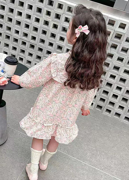 Jolie robe longue rose à volants en coton imprimé pour fille Automne XZ085