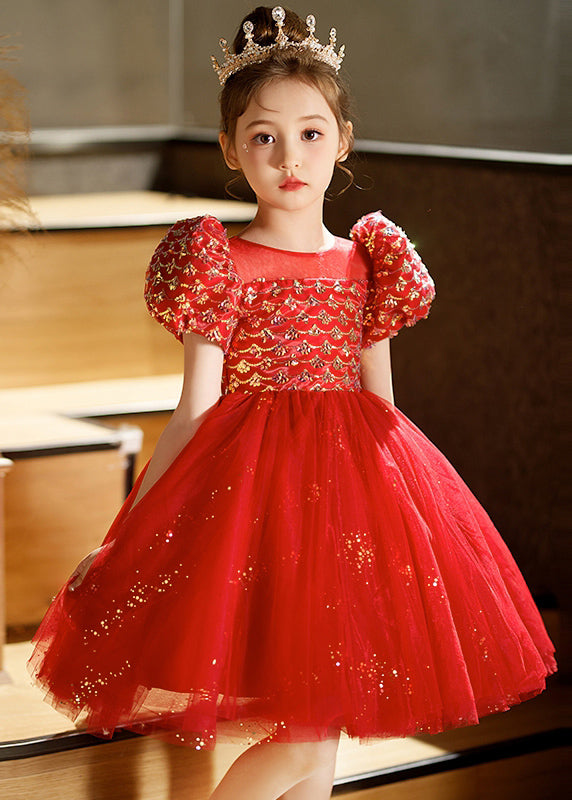 Lovely Pink Square Collar Patchwork Tulle Kids Long Dresses Short Sleeve QV016