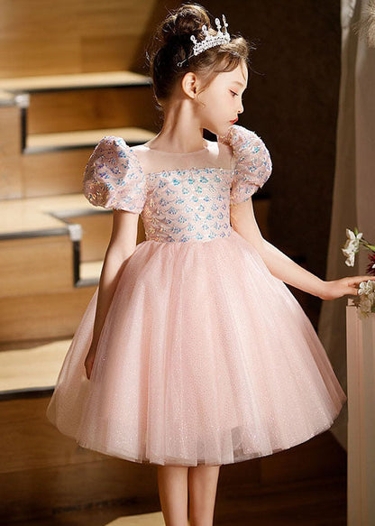 Jolies robes longues en tulle à col carré rose pour enfants, manches courtes, QV016