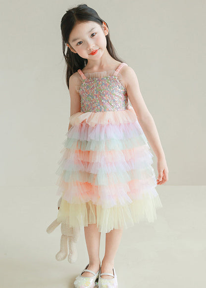 Jolie robe à bretelles spaghetti en tulle à paillettes arc-en-ciel pour filles, sans manches, TT024