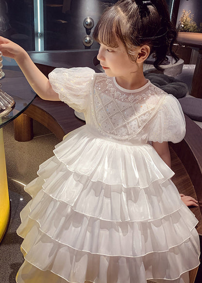 Jolies robes longues en tulle à paillettes et patchwork blanc pour enfants, été XZ033