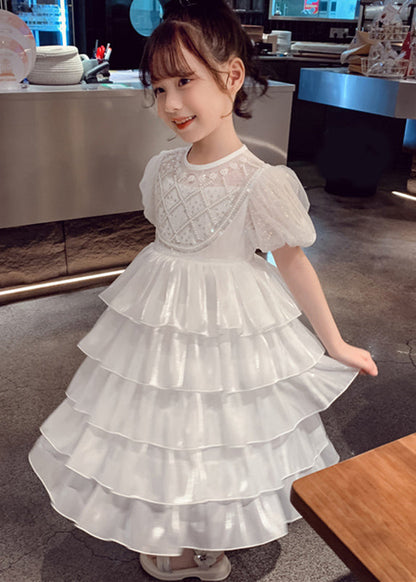 Jolies robes longues en tulle à paillettes et patchwork blanc pour enfants, été XZ033