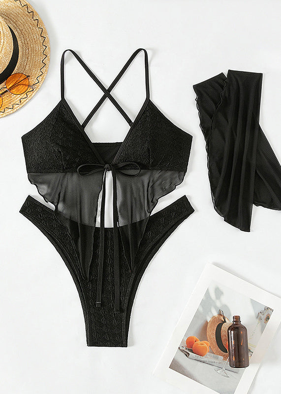 Luxury Black Sexy Lace Up Ruffled Beach Swimwear Set VC014