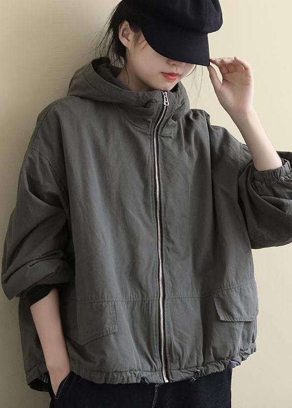 Luxury Grey hooded Loose drawstring Winter Cotton Coats Long sleeve QS045