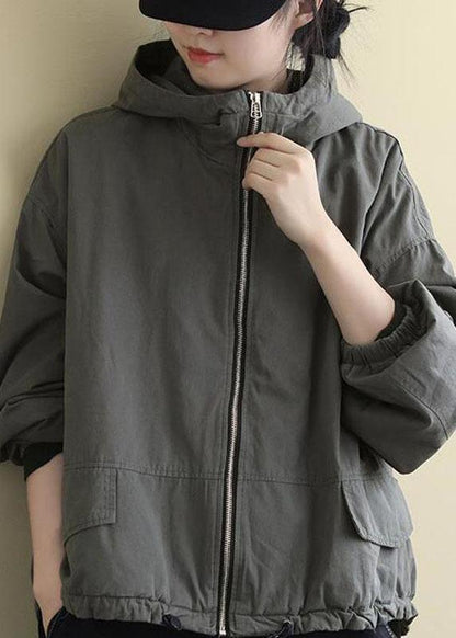 Manteau d'hiver en coton à capuche gris de luxe avec cordon de serrage et manches longues QS045