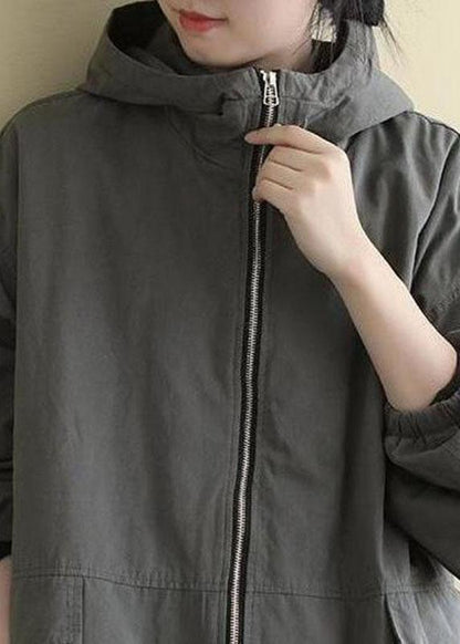 Manteau d'hiver en coton à capuche gris de luxe avec cordon de serrage et manches longues QS045