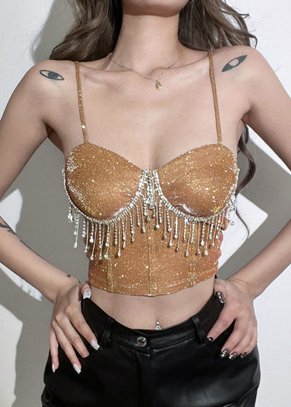 Coupe droite courte avec strass et col kaki, bretelles et pompons de luxe