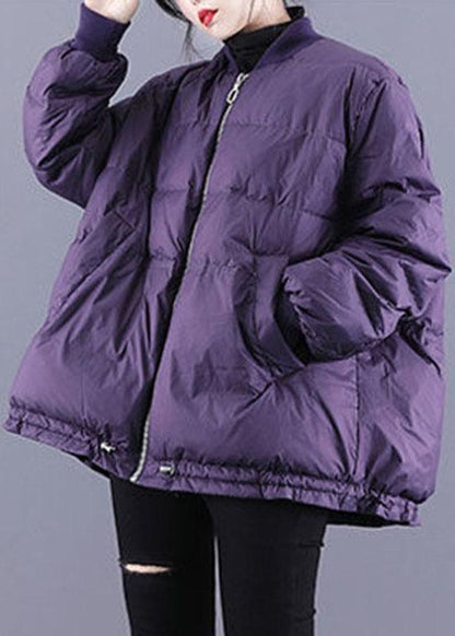 Manteau d'hiver en duvet de luxe violet à manches longues avec poches zippées et cordon de serrage QS054