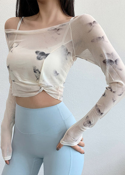 Print Fitting Tops Workout White Luxury Wrinkled Tulle