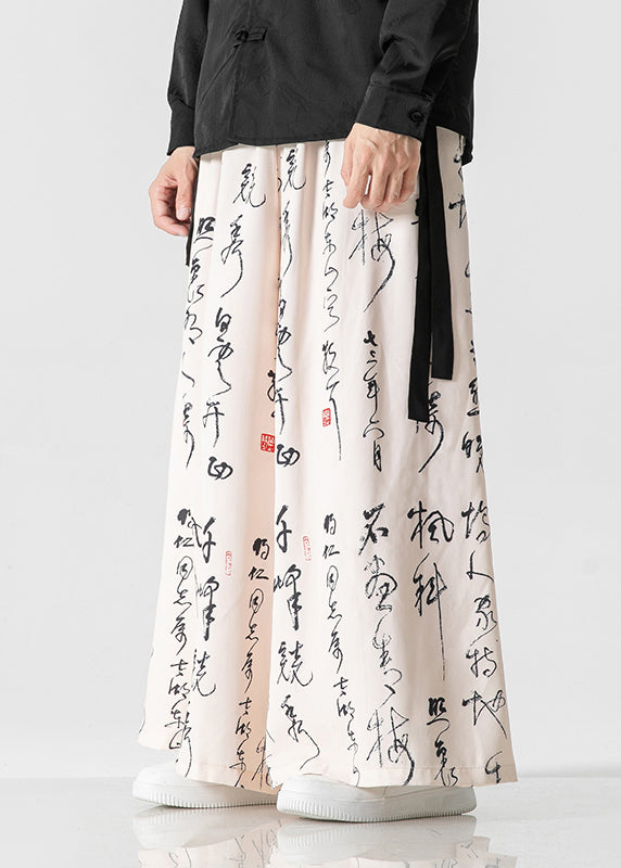 Men's Chinese Style Beige Ancient Text Printed Loose Wide Leg Pants SA039