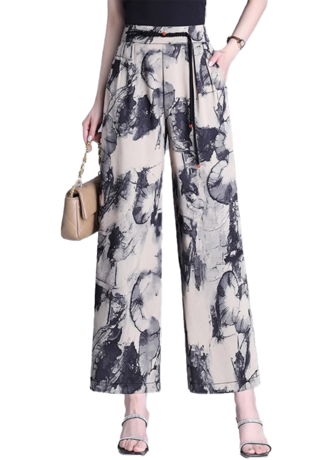 Moderne Apricot Quasten Print Seide gerade Hose Sommer OO019