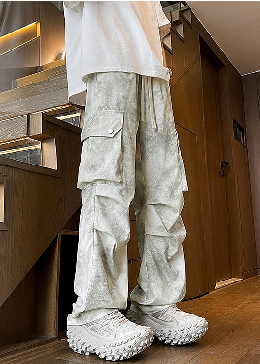 Pantalon froissé beige en coton avec poches printanières modernes et teinture pour homme