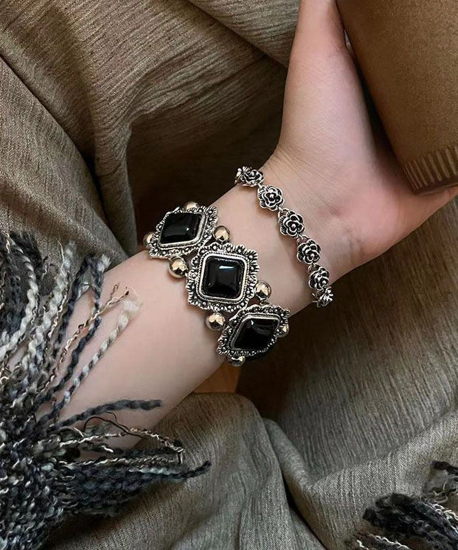 Gem Sterling Silver Stone Modern Two-Piece Black Chain Set Floral