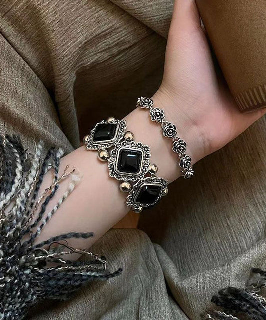 Gem Sterling Silver Stone Modern Two-Piece Black Chain Set Floral