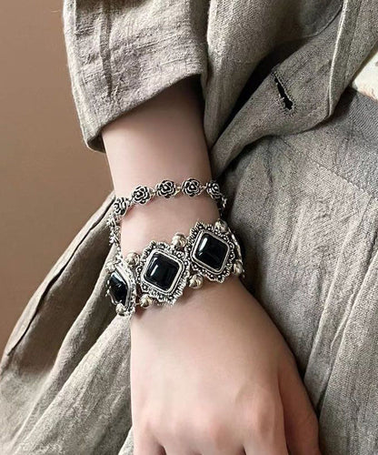 Gem Sterling Silver Stone Modern Two-Piece Black Chain Set Floral