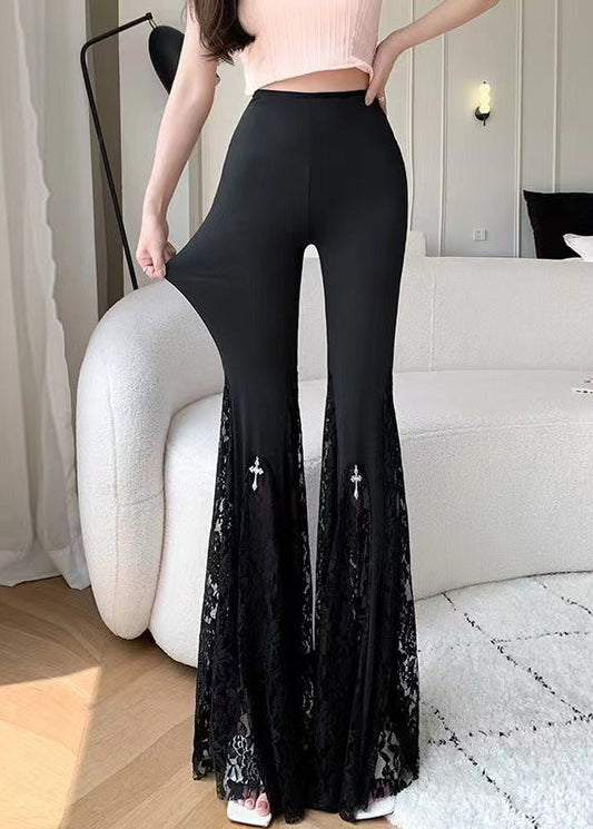 Moderne schwarze Schlaghose mit bauchweg-Effekt, Patchwork-Spitze, Frühling, YP012