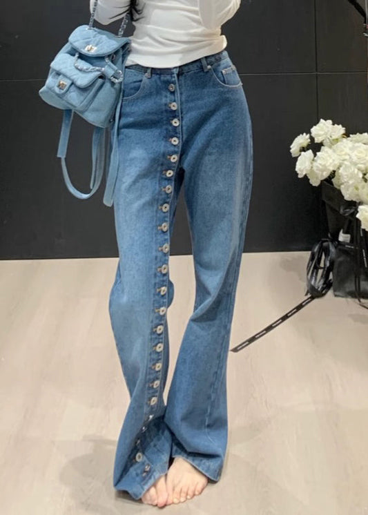 Pantalon bleu asymétrique taille droite en denim, bouton moderne haut