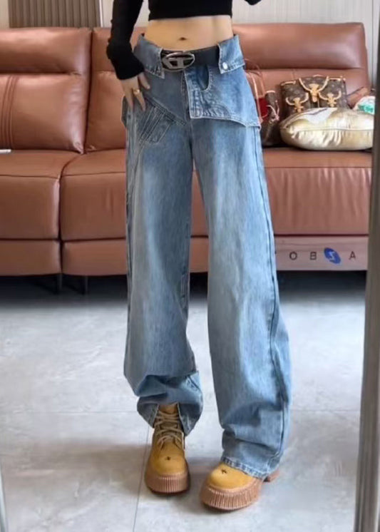 Pantalon taille haute bleu printemps asymétrique denim moderne