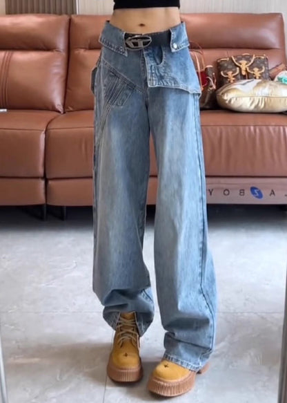 Pantalon taille haute bleu printemps asymétrique denim moderne
