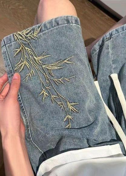 Short d'été en denim moderne pour homme, taille élastique, brodé, bleu