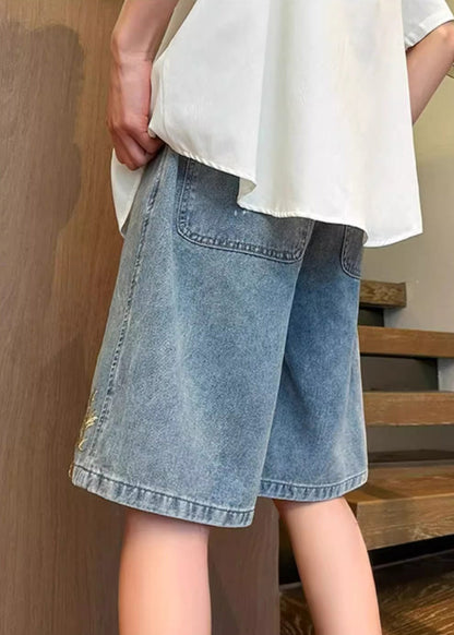 Short d'été en denim moderne pour homme, taille élastique, brodé, bleu