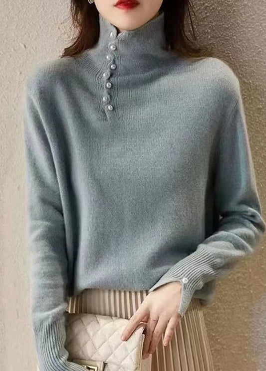 Haut moderne en tricot bleu à col montant et perles pour ongles, printemps TN017